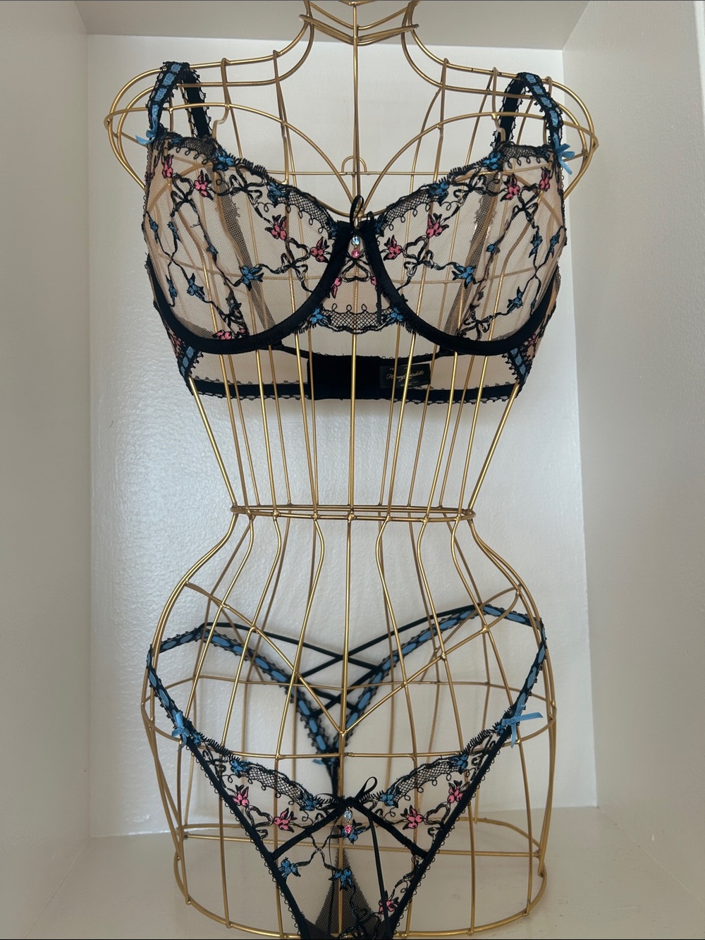 Honey Birdette Nude Bra & Panty Set with Black, Blue and Pink Embroidery